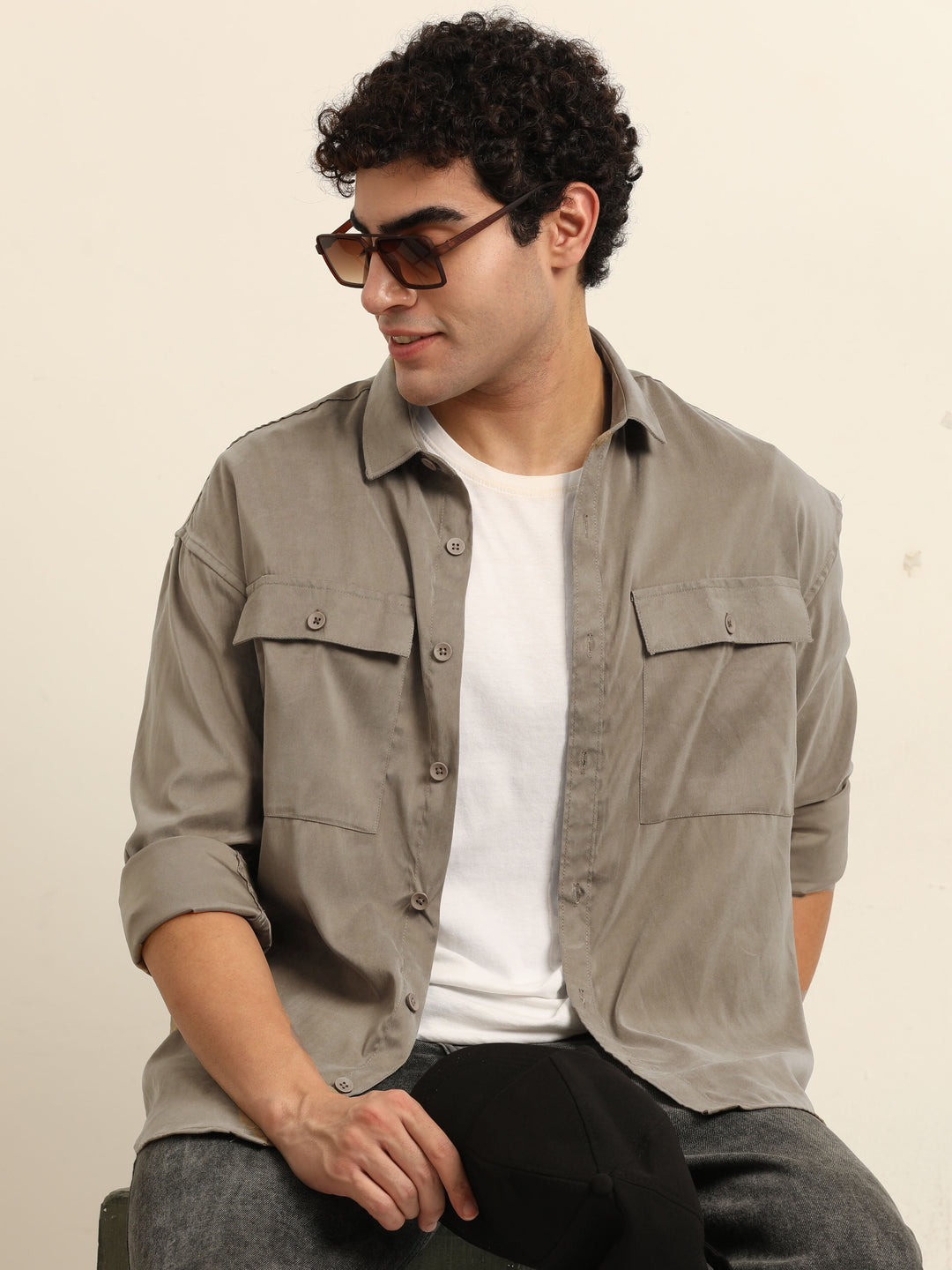 Khaki Oversize Solid Shackets Shackets Bushirt
