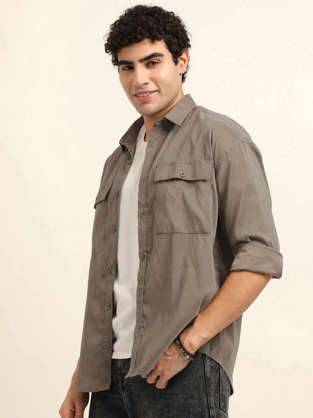 Khaki Oversize Solid Shackets Shackets Bushirt