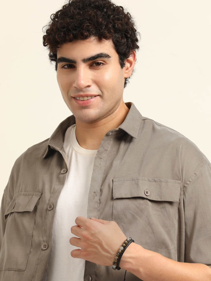 Khaki Oversize Solid Shackets Shackets Bushirt