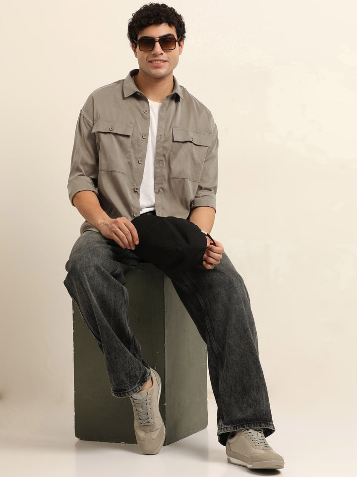 Khaki Oversize Solid Shackets Shackets Bushirt