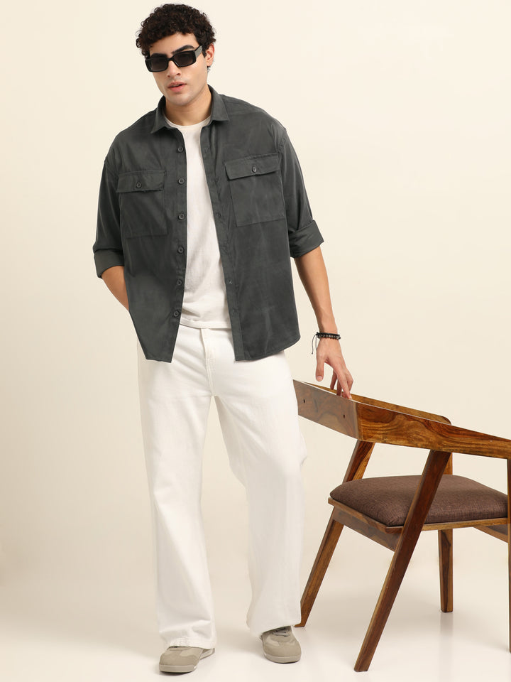 Smoke Grey Oversize Solid Shackets Shackets Bushirt