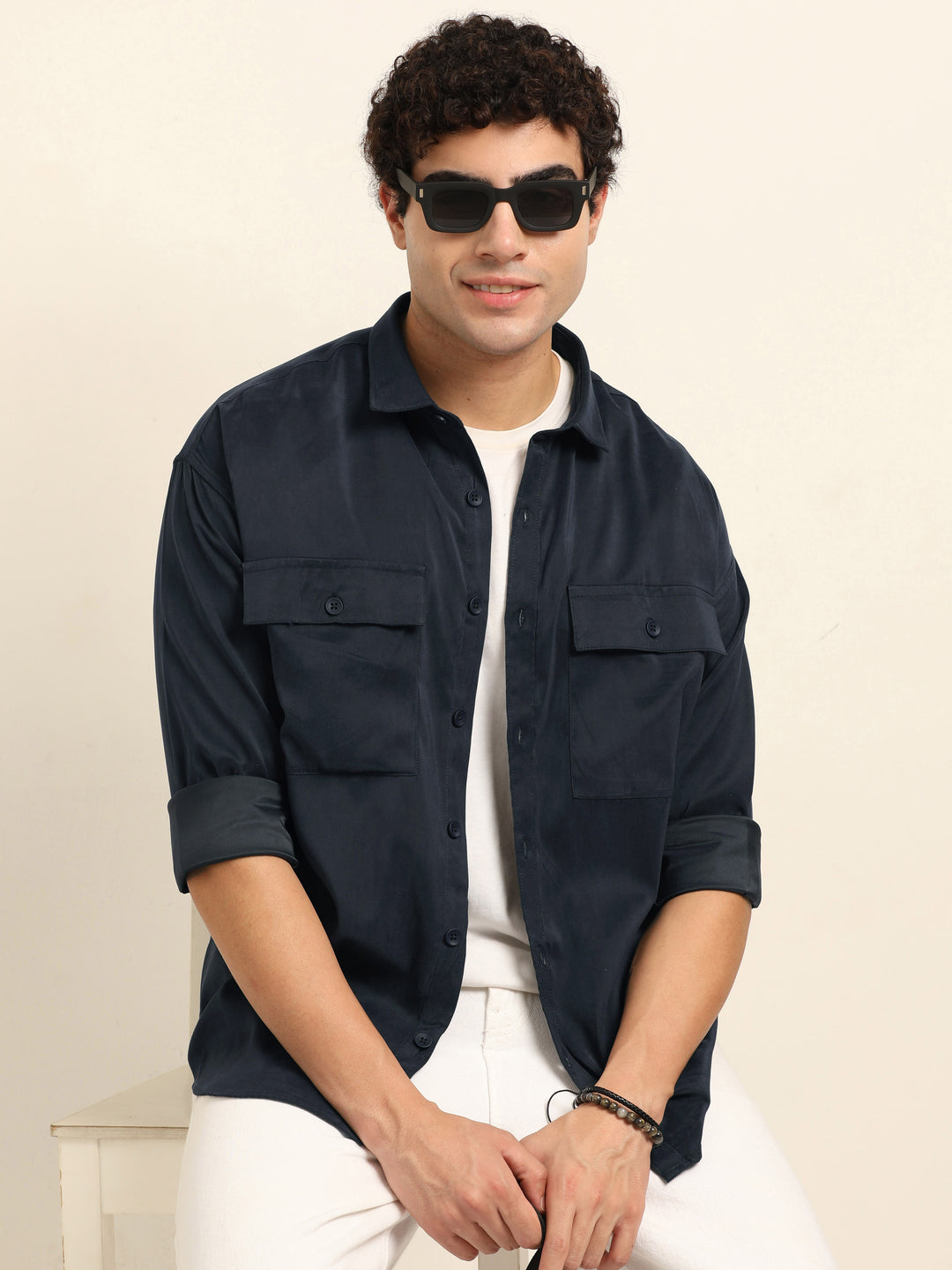 Navy Blue Oversize Solid Shackets Info Shackets Bushirt
