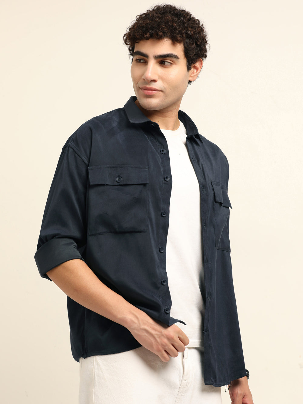 Navy Blue Oversize Solid Shackets Info Shackets Bushirt