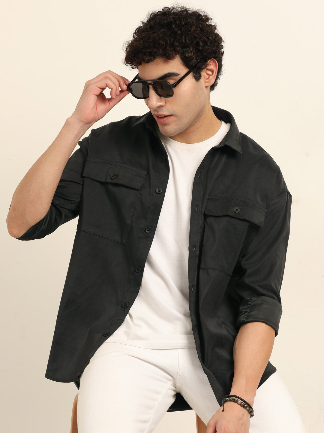 Black Oversize Solid Shackets Shackets Bushirt