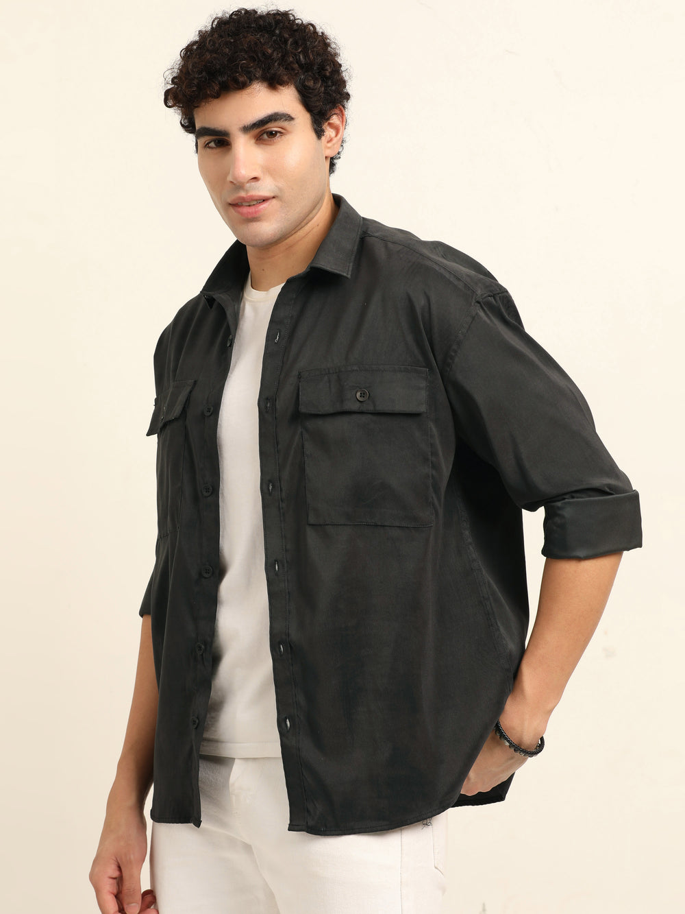 Black Oversize Solid Shackets Shackets Bushirt