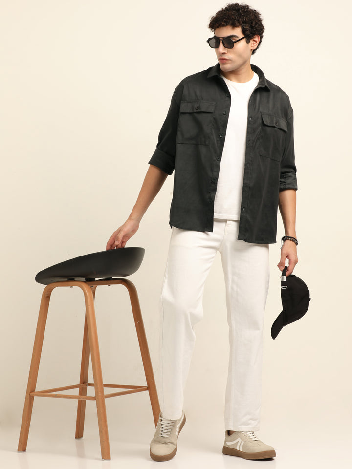 Black Oversize Solid Shackets Shackets Bushirt