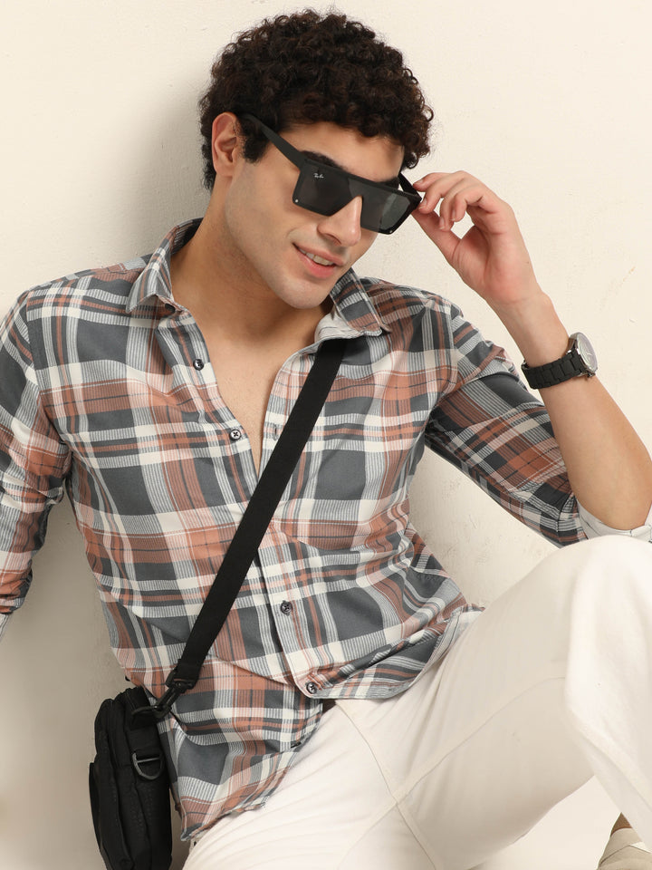 Taupe Regular Fit Check Shirt Checks Shirt Bushirt