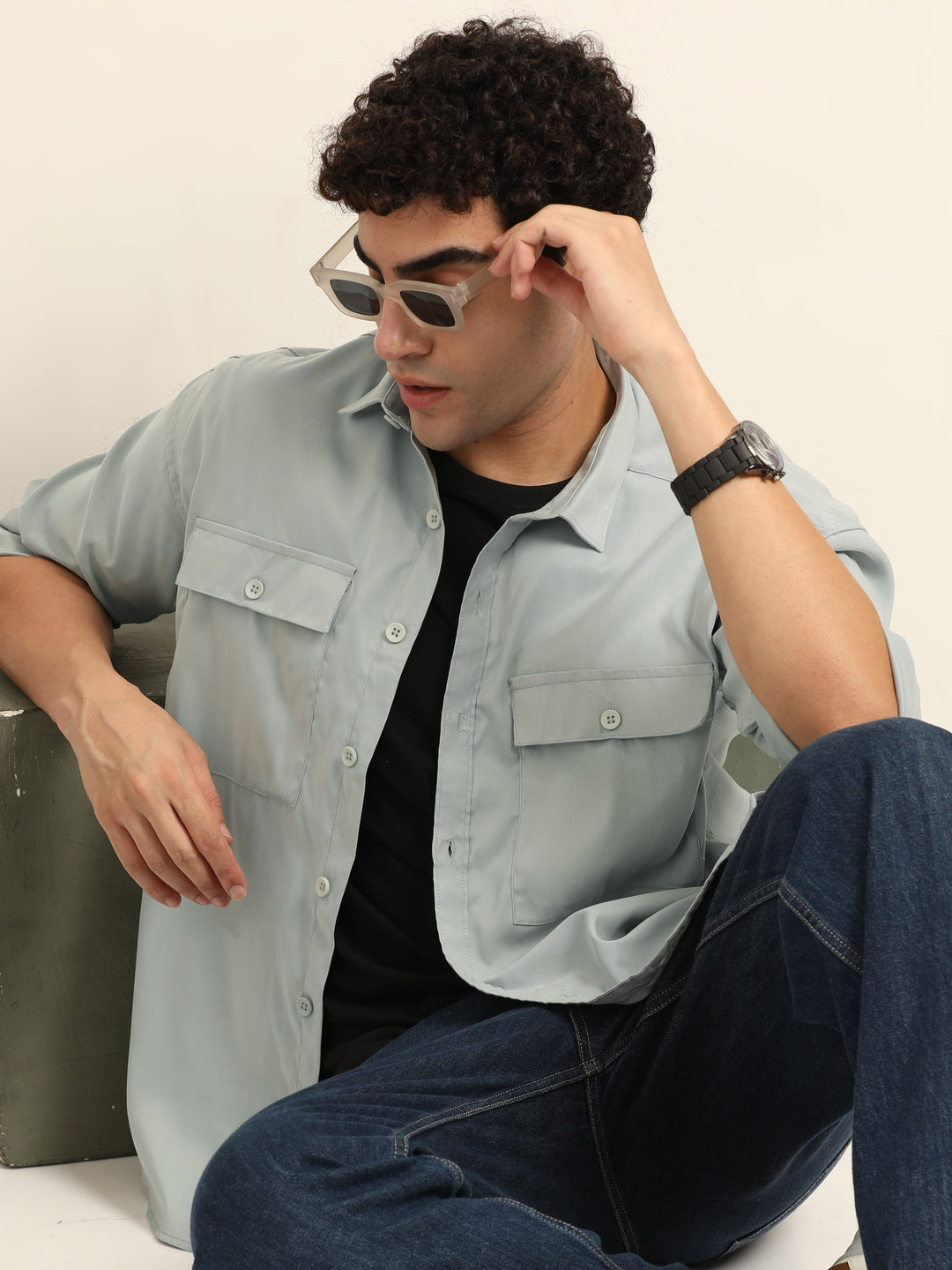 Light Blue Oversize Solid Shackets Shackets Bushirt