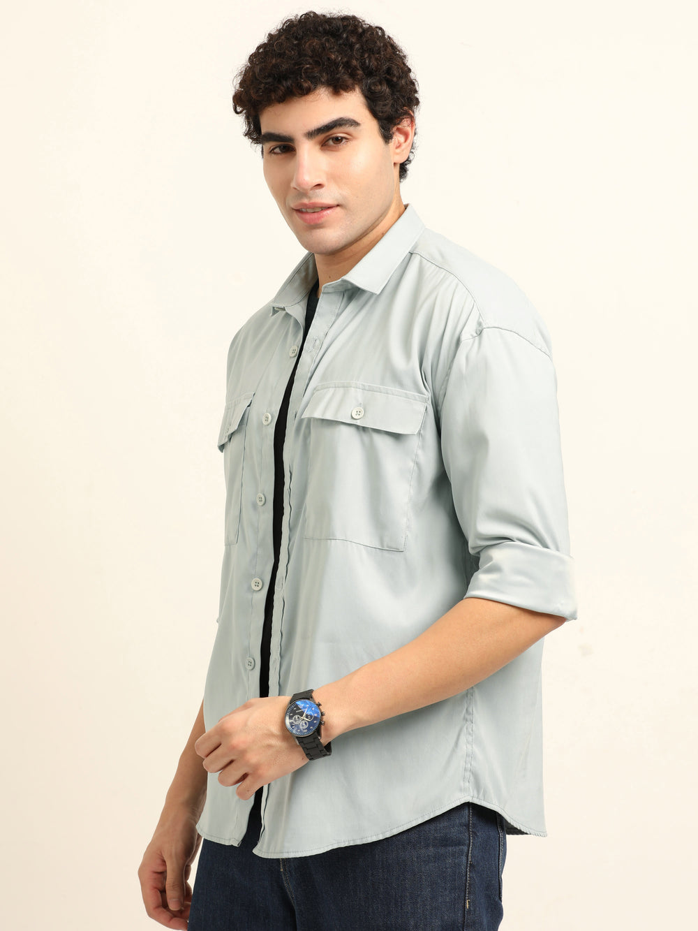 Light Blue Oversize Solid Shackets Shackets Bushirt