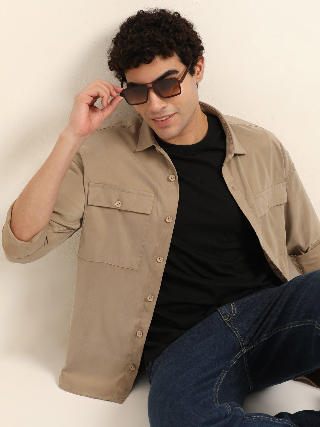 Beige Oversize Solid Shackets Shackets Bushirt