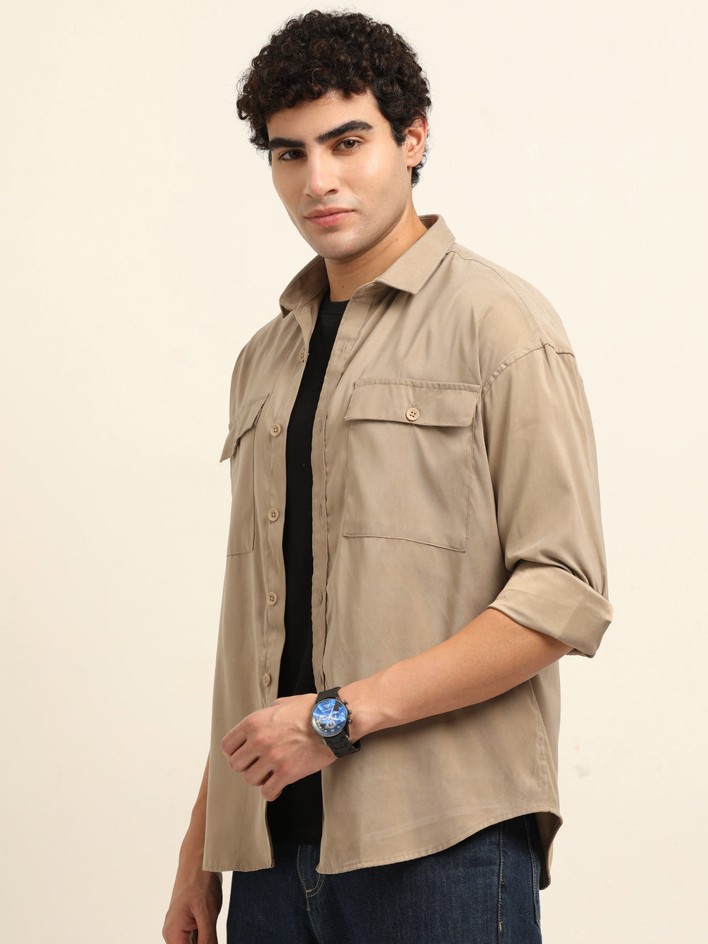 Beige Oversize Solid Shackets Shackets Bushirt