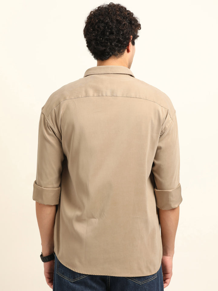 Beige Oversize Solid Shackets Shackets Bushirt