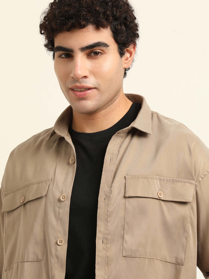 Beige Oversize Solid Shackets Shackets Bushirt