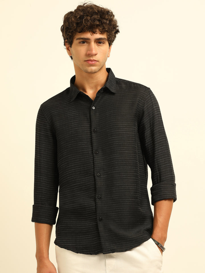 Black Regular Fit Textured Shirt Structured Shirt Bushirt