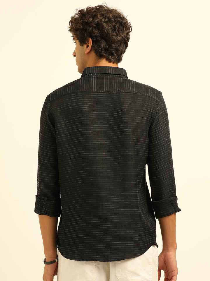 Black Regular Fit Textured Shirt Structured Shirt Bushirt