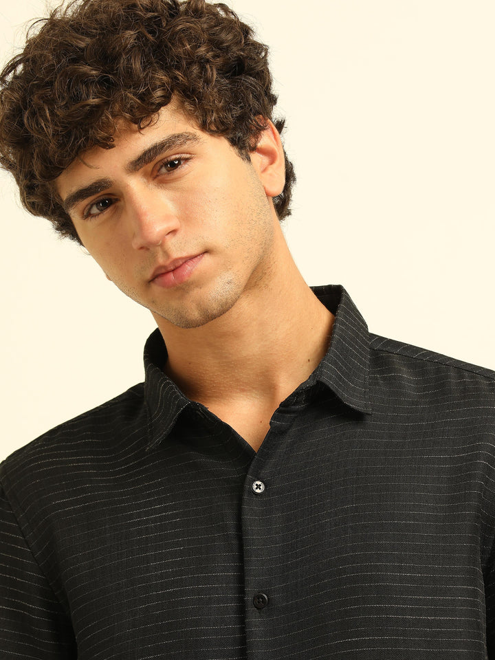 Black Regular Fit Textured Shirt Structured Shirt Bushirt