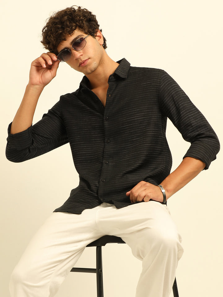 Black Regular Fit Textured Shirt Structured Shirt Bushirt
