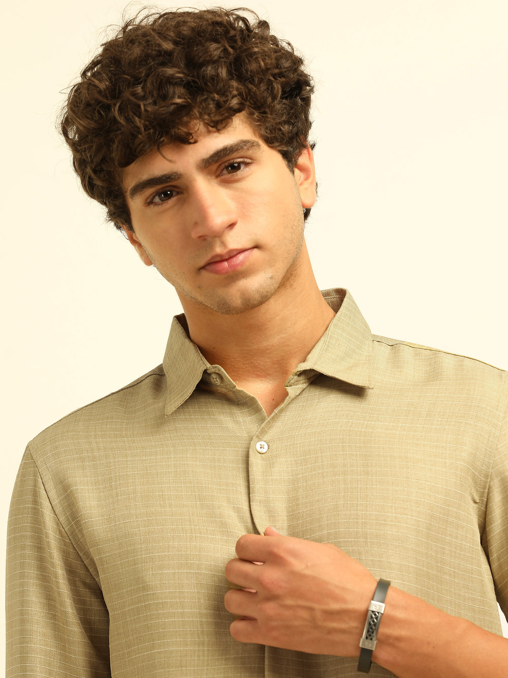 Light Beige Regular Fit Textured Shirt Structured Shirt Bushirt