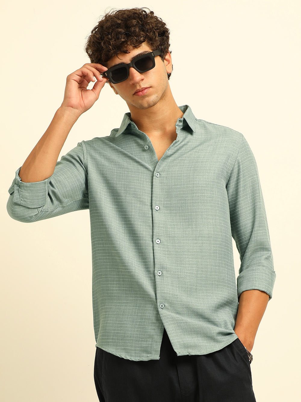 Light Teal Regular Fit Textured Shirt Solid Shirt Bushirt