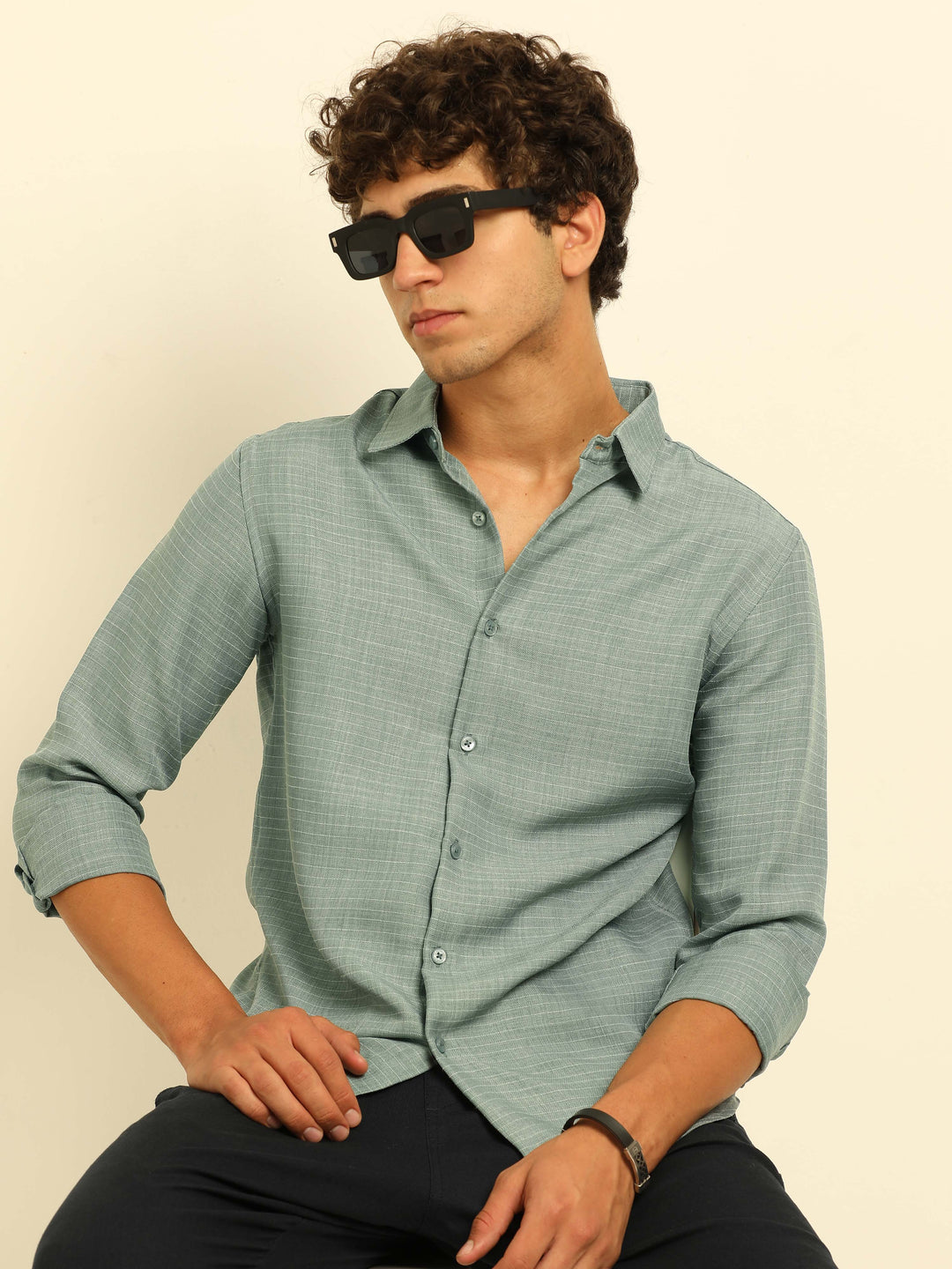 Light Teal Regular Fit Textured Shirt Solid Shirt Bushirt