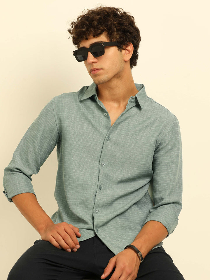 Light Teal Regular Fit Textured Shirt Solid Shirt Bushirt