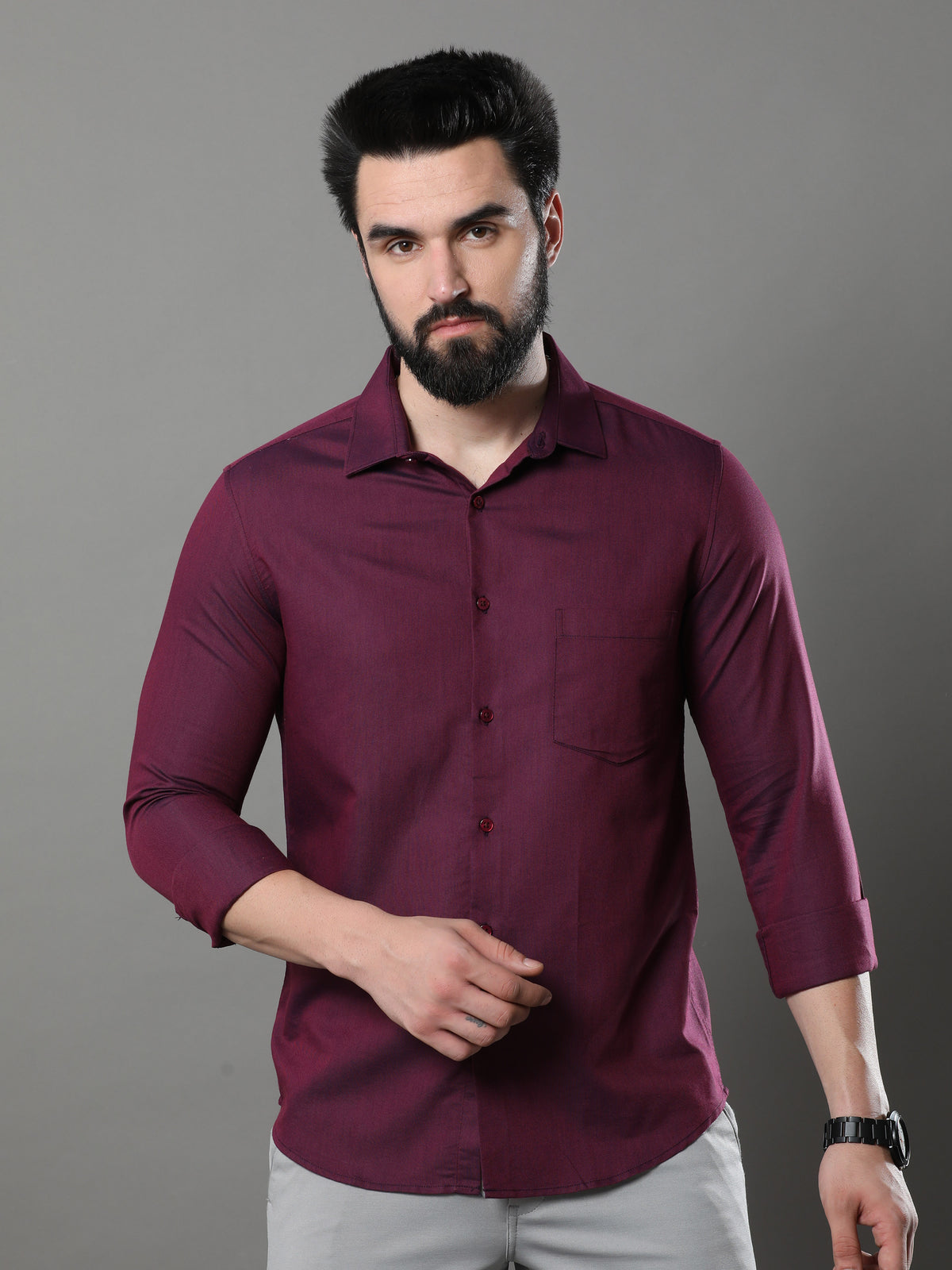 Tyrian Purple Solid Shirt Solid Shirt Bushirt   