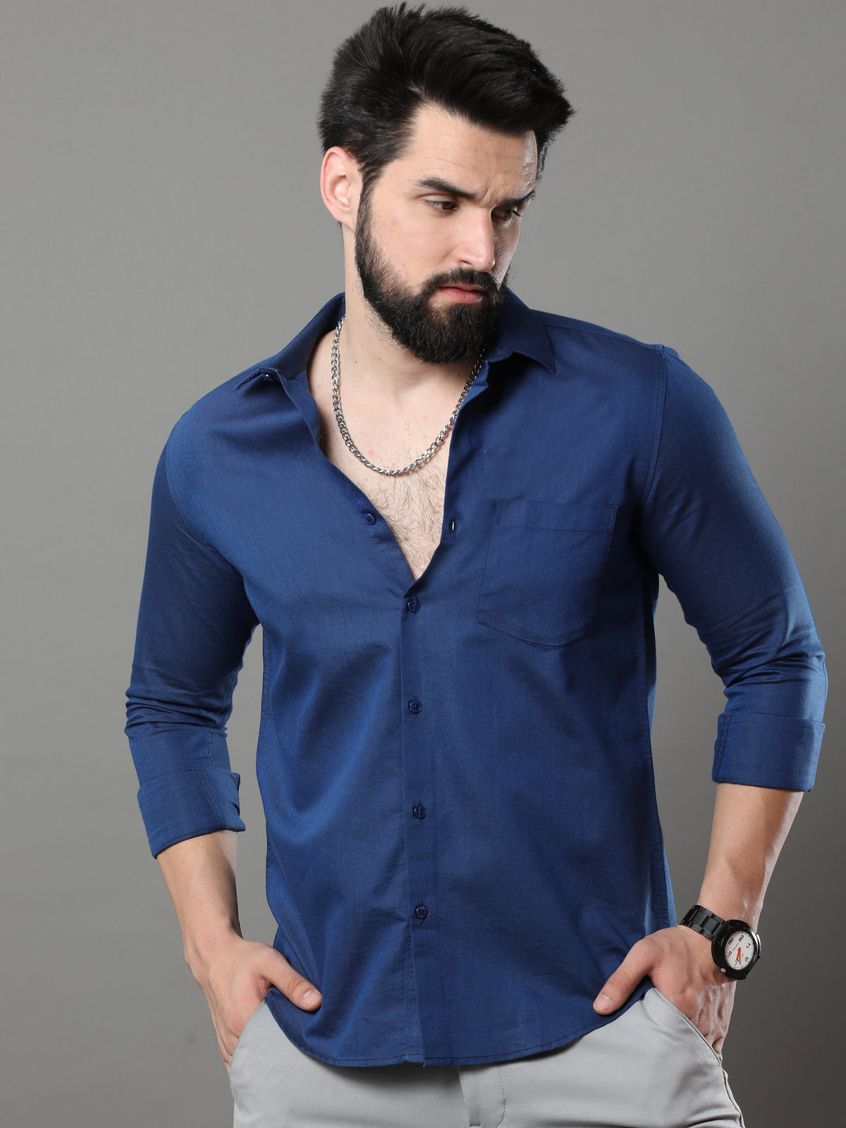 Oxford Blue Solid Shirt Solid Shirt Bushirt   