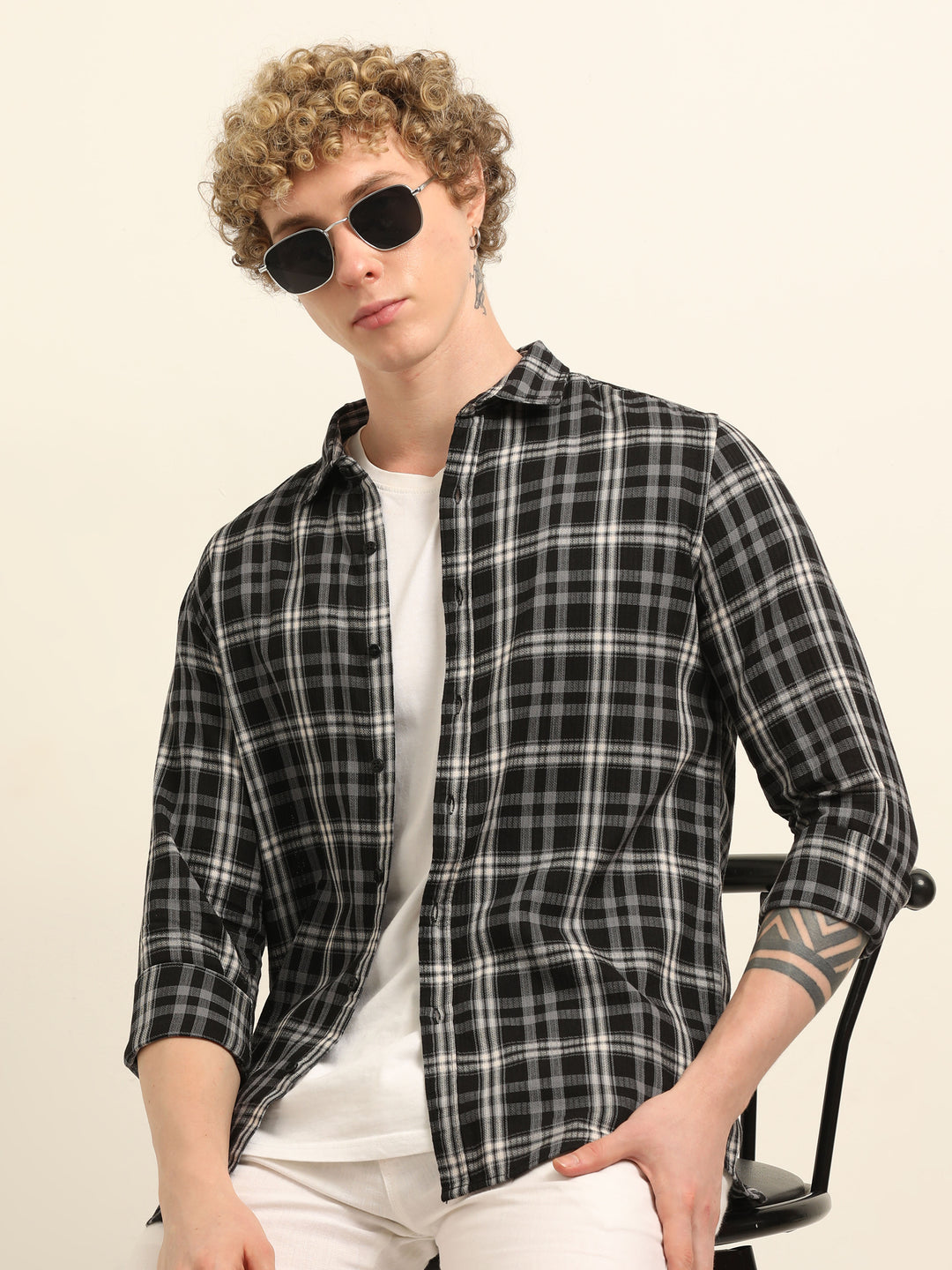 Black Regular Fit Check Shirt Checks Shirt Bushirt