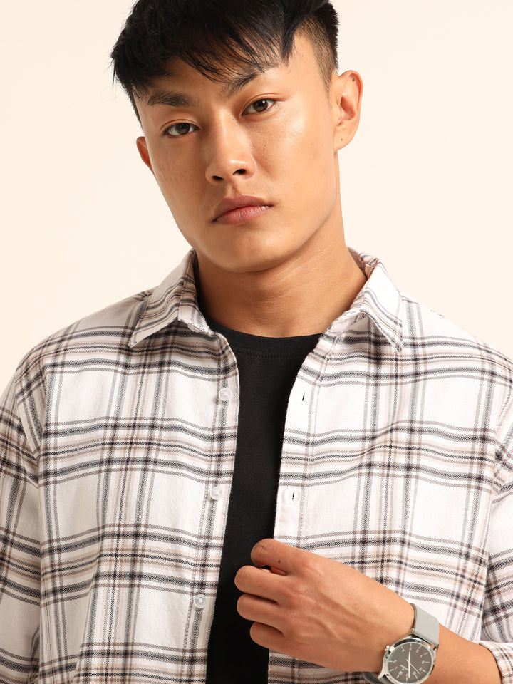 White Regular Fit Check Shirt Checks Shirt Bushirt