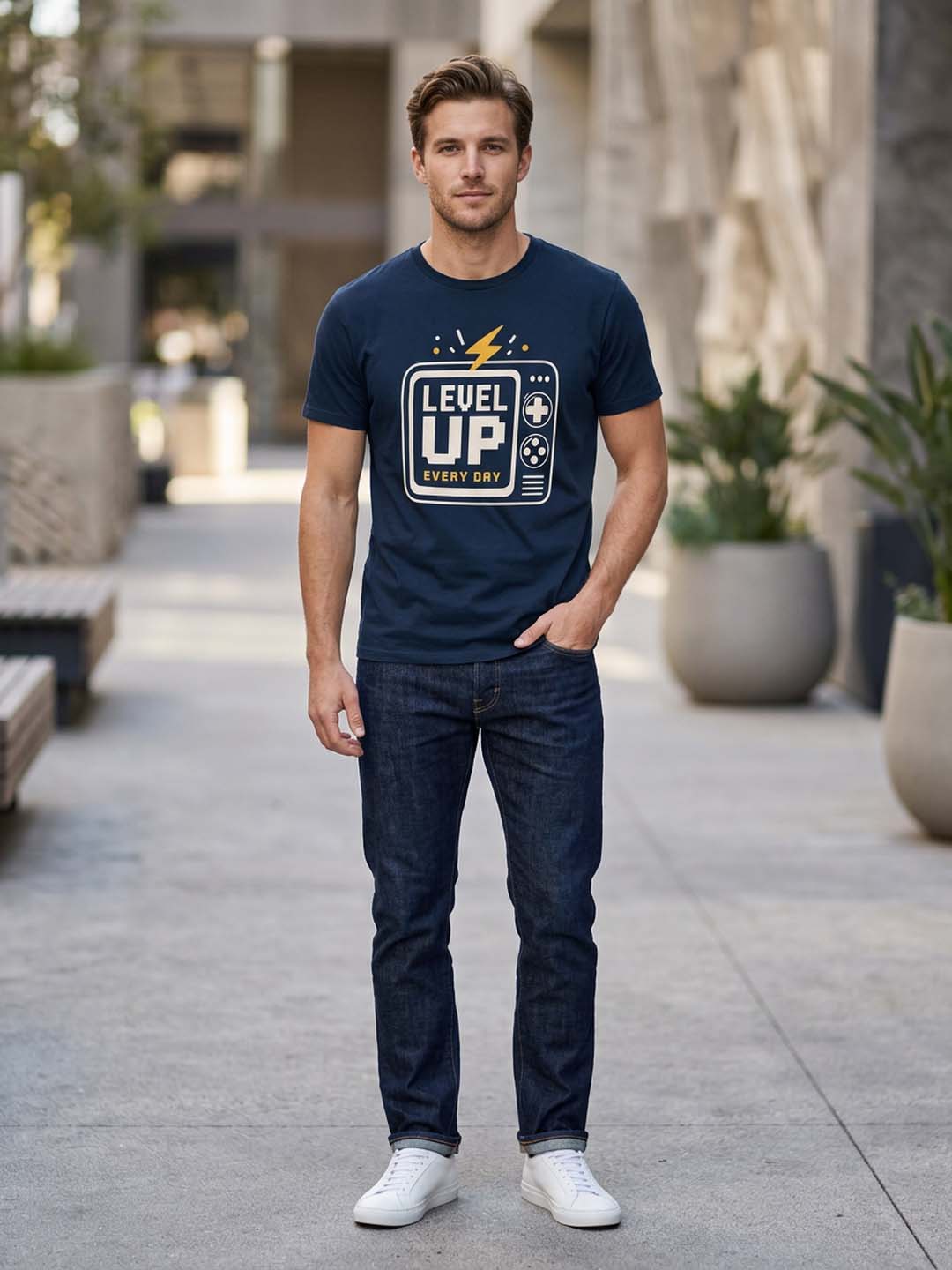 Level Up Navy Blue Classic Fit T-Shirt