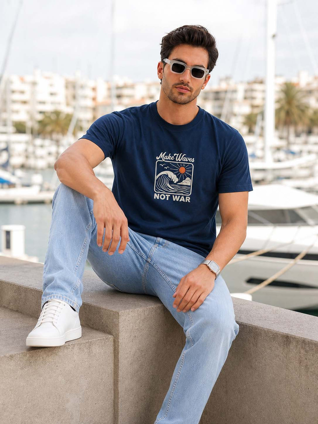 Make Waves Not War Navy Blue Classic Fit T-Shirt Graphic T-Shirts Bushirt