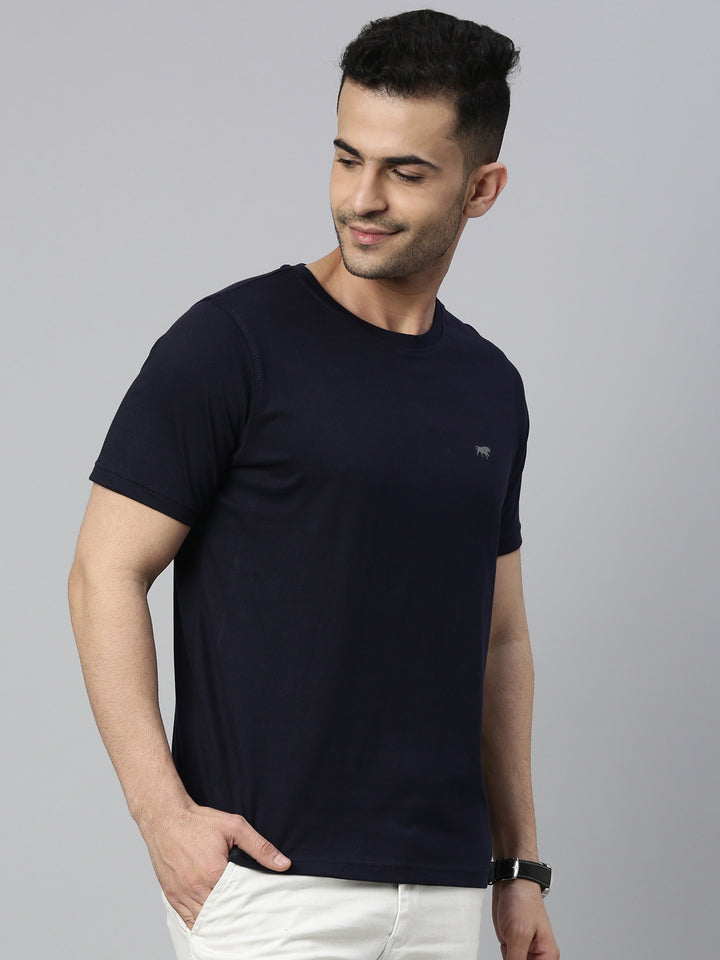 Navy Blue Solid Half Sleeves T-Shirt Plain T-Shirts Bushirt   