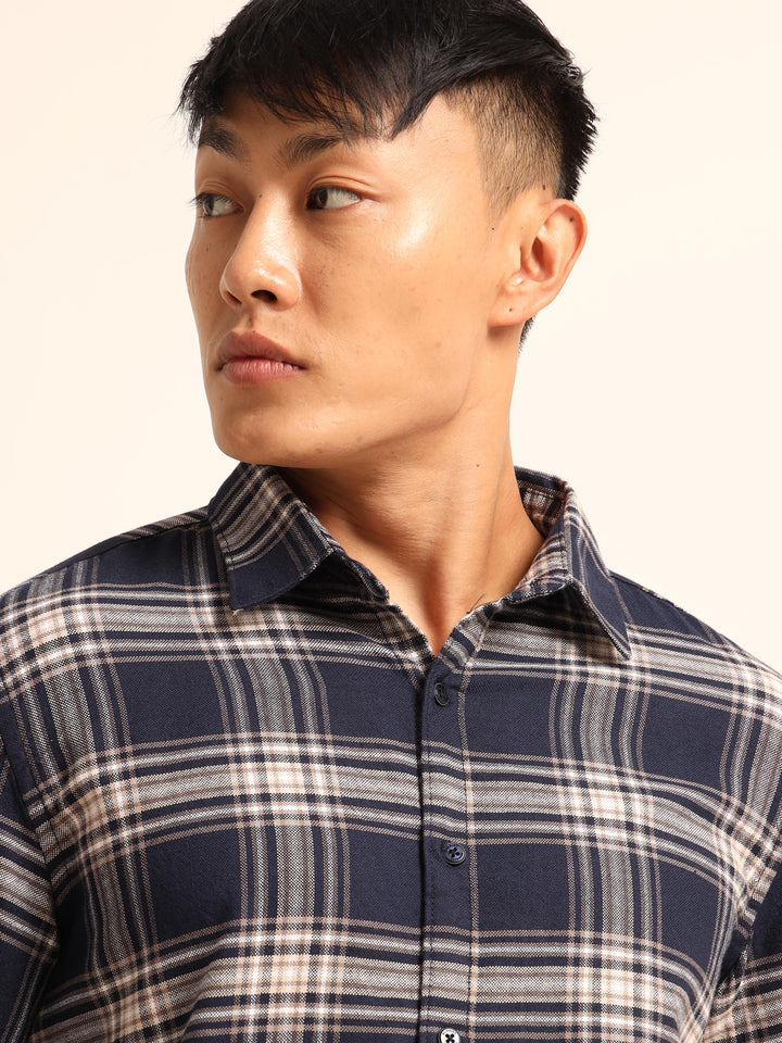 Navy Blue Regular Fit Check Shirt Checks Shirt Bushirt