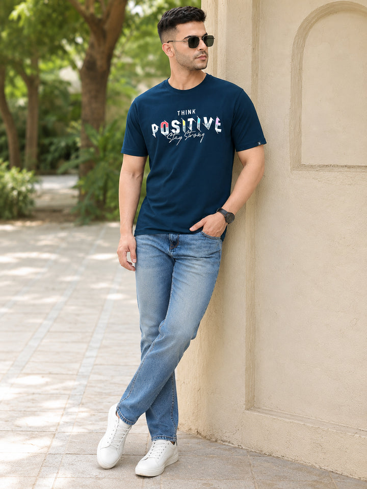Think Positive Navy Blue Classic Fit T-Shirt Graphic T-Shirts Bushirt