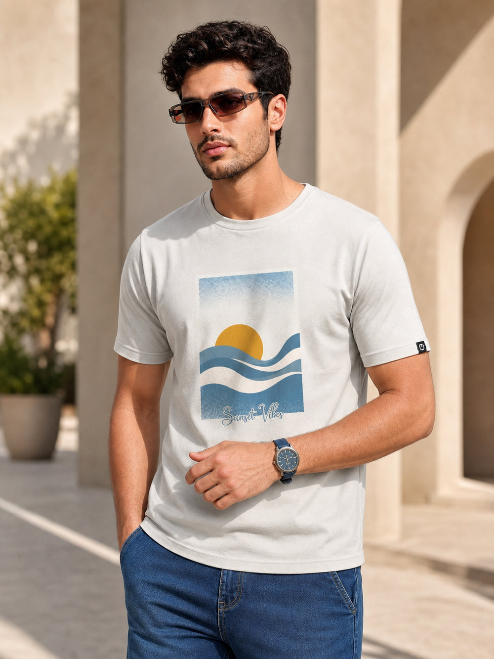 Sunset Vibes White Classic Fit T-Shirt Graphic T-Shirts Bushirt
