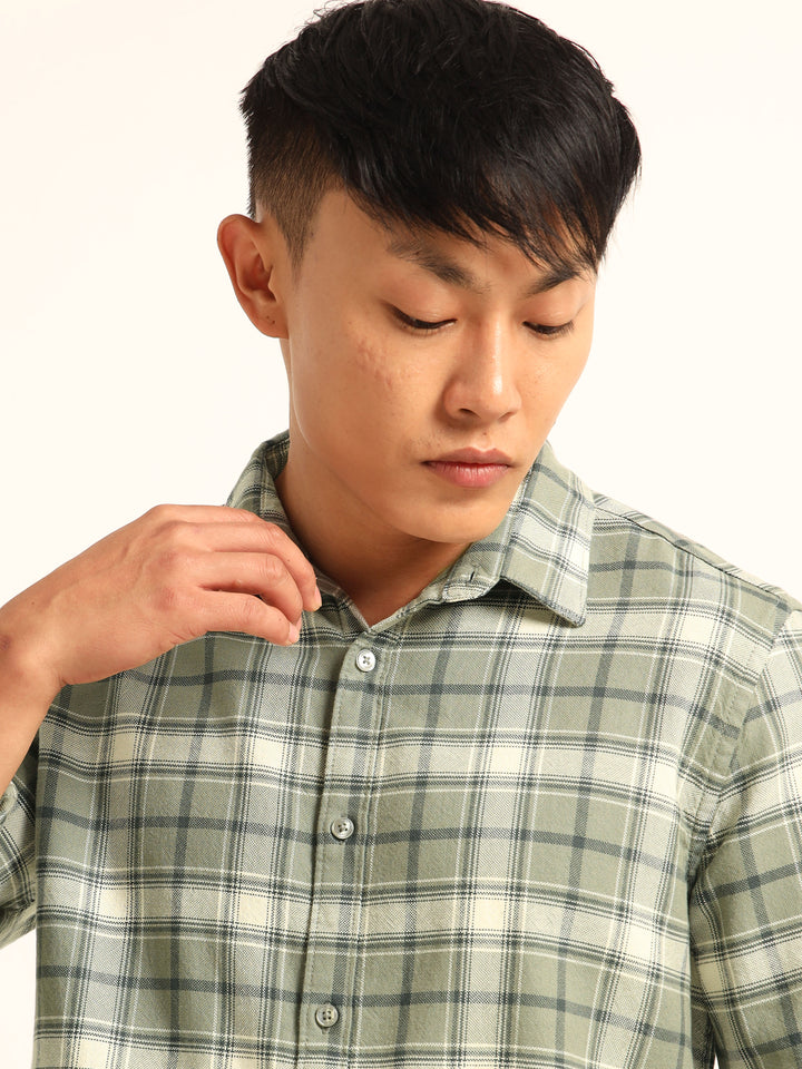 Sage Green Regular Fit Check Shirt Checks Shirt Bushirt