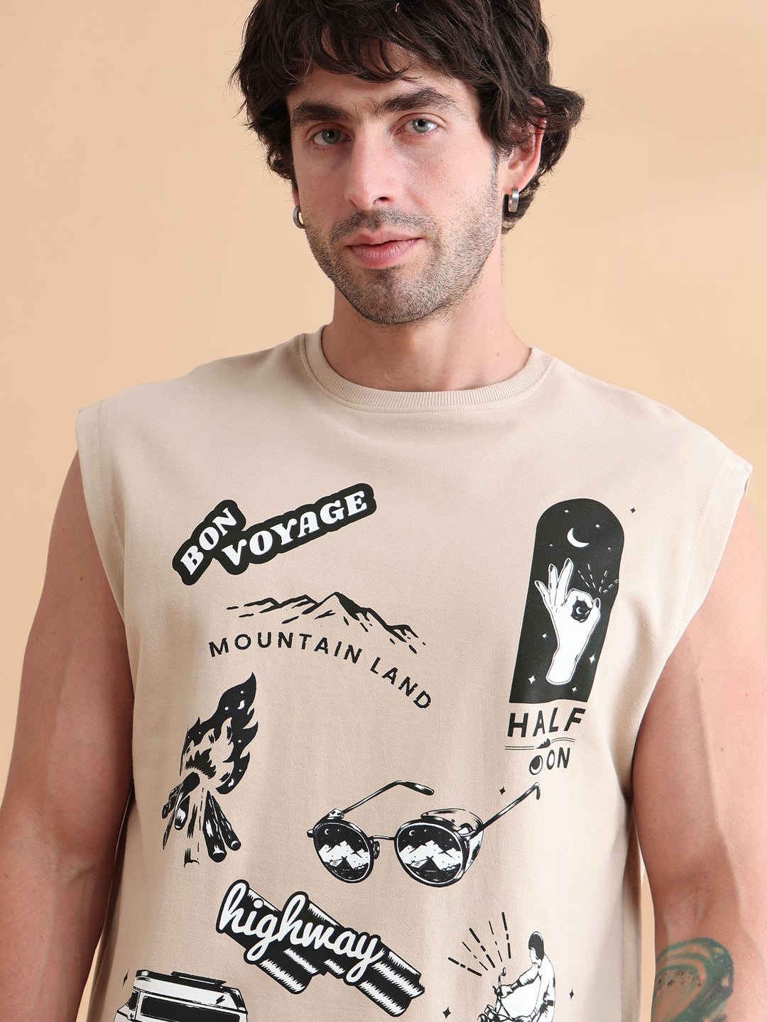 Beige Printed Oversized Sleeveless Co-Ords Oversize Co-ords Bushirt