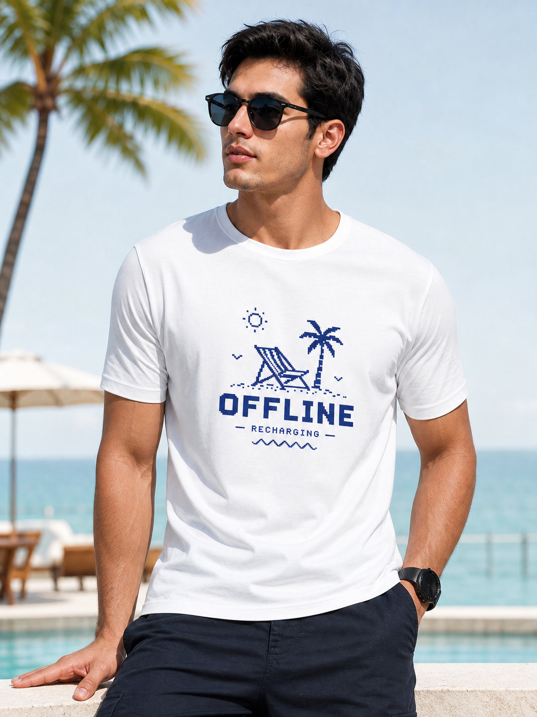 Offline Recharging White Classic Fit T-Shirt Graphic T-Shirts Bushirt
