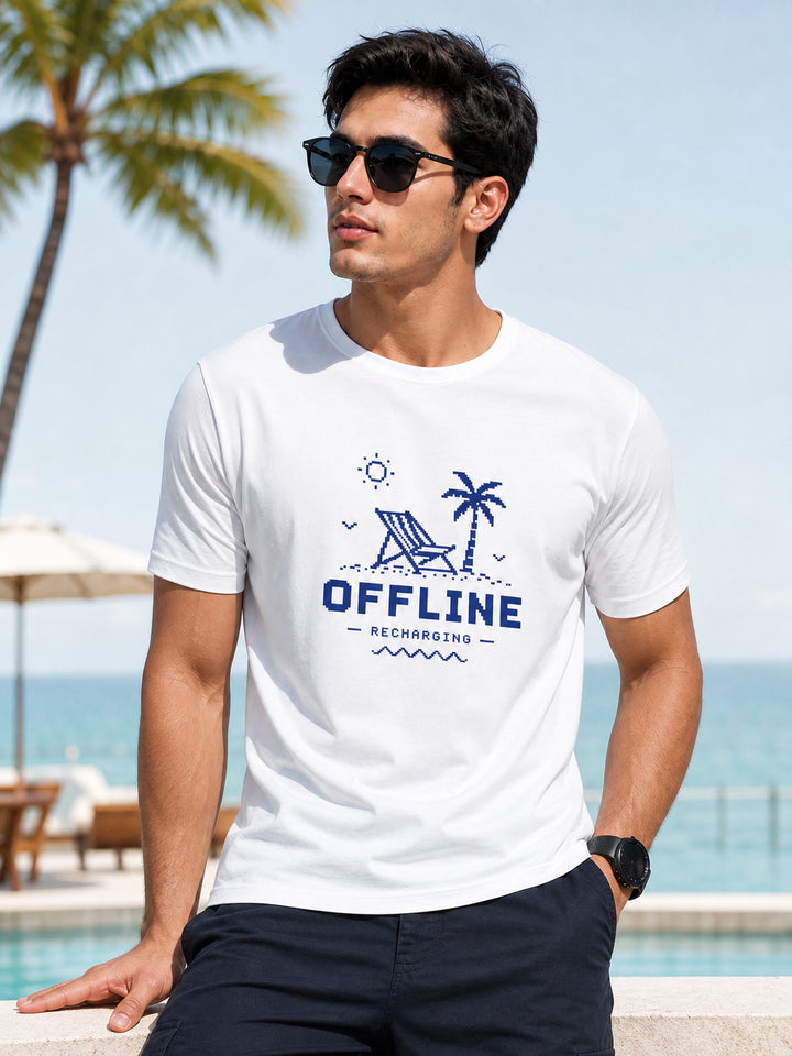 Offline Recharging White Classic Fit T-Shirt Graphic T-Shirts Bushirt