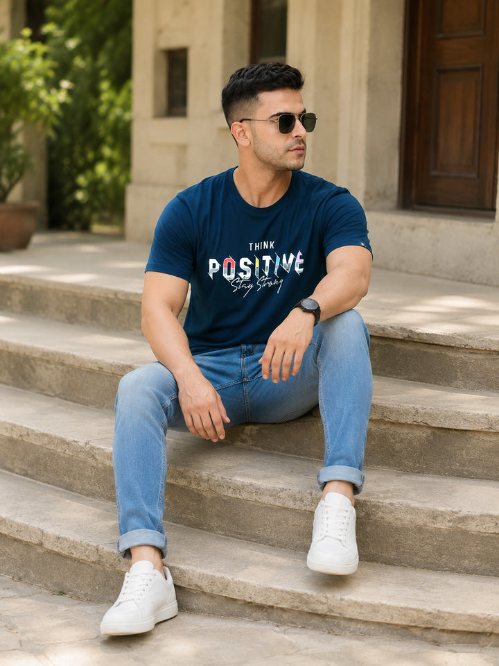 Think Positive Navy Blue Classic Fit T-Shirt Graphic T-Shirts Bushirt
