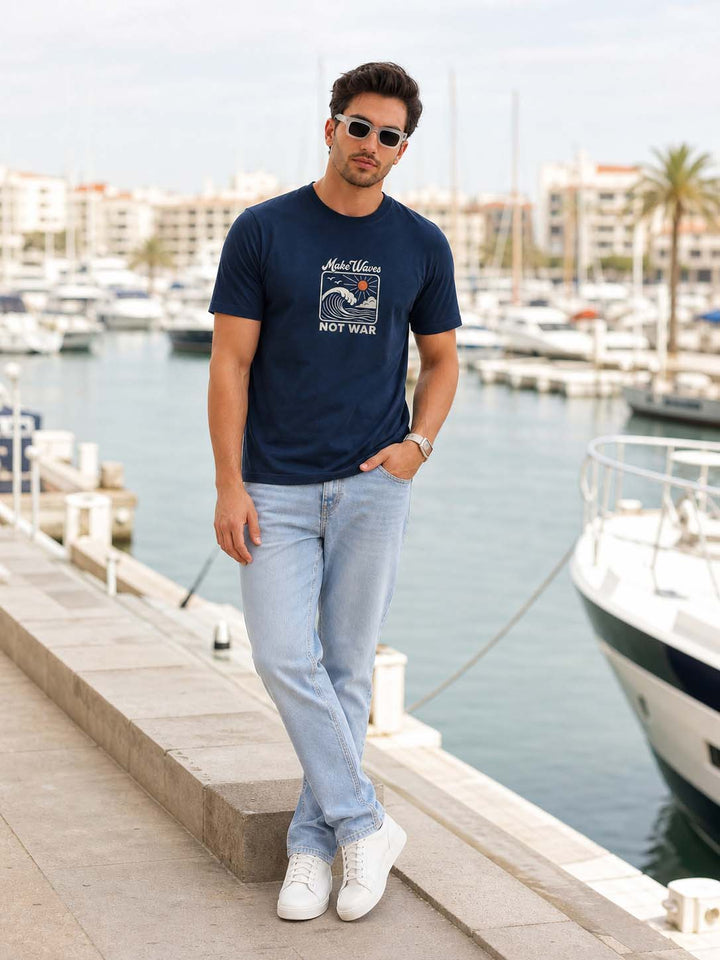 Make Waves Not War Navy Blue Classic Fit T-Shirt Graphic T-Shirts Bushirt
