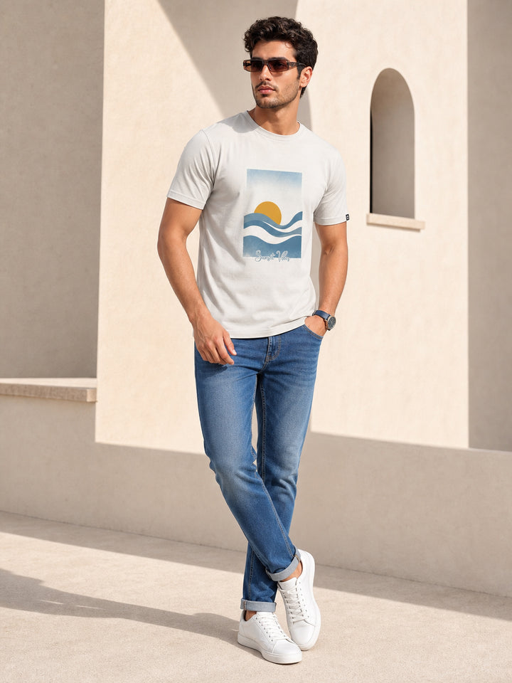 Sunset Vibes White Classic Fit T-Shirt Graphic T-Shirts Bushirt