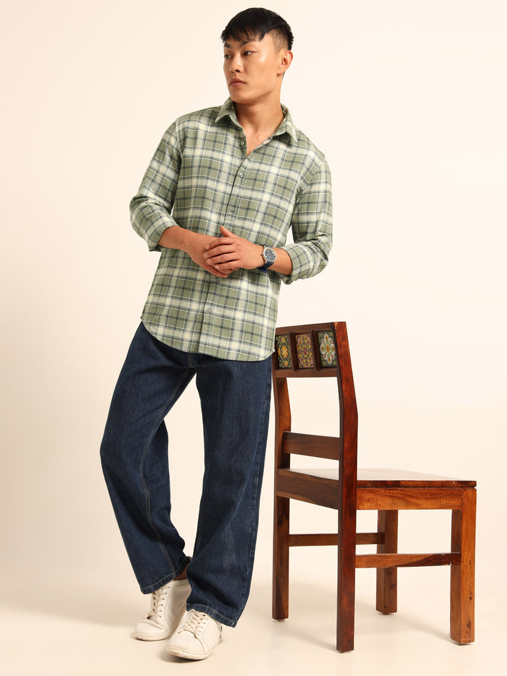 Sage Green Regular Fit Check Shirt Checks Shirt Bushirt