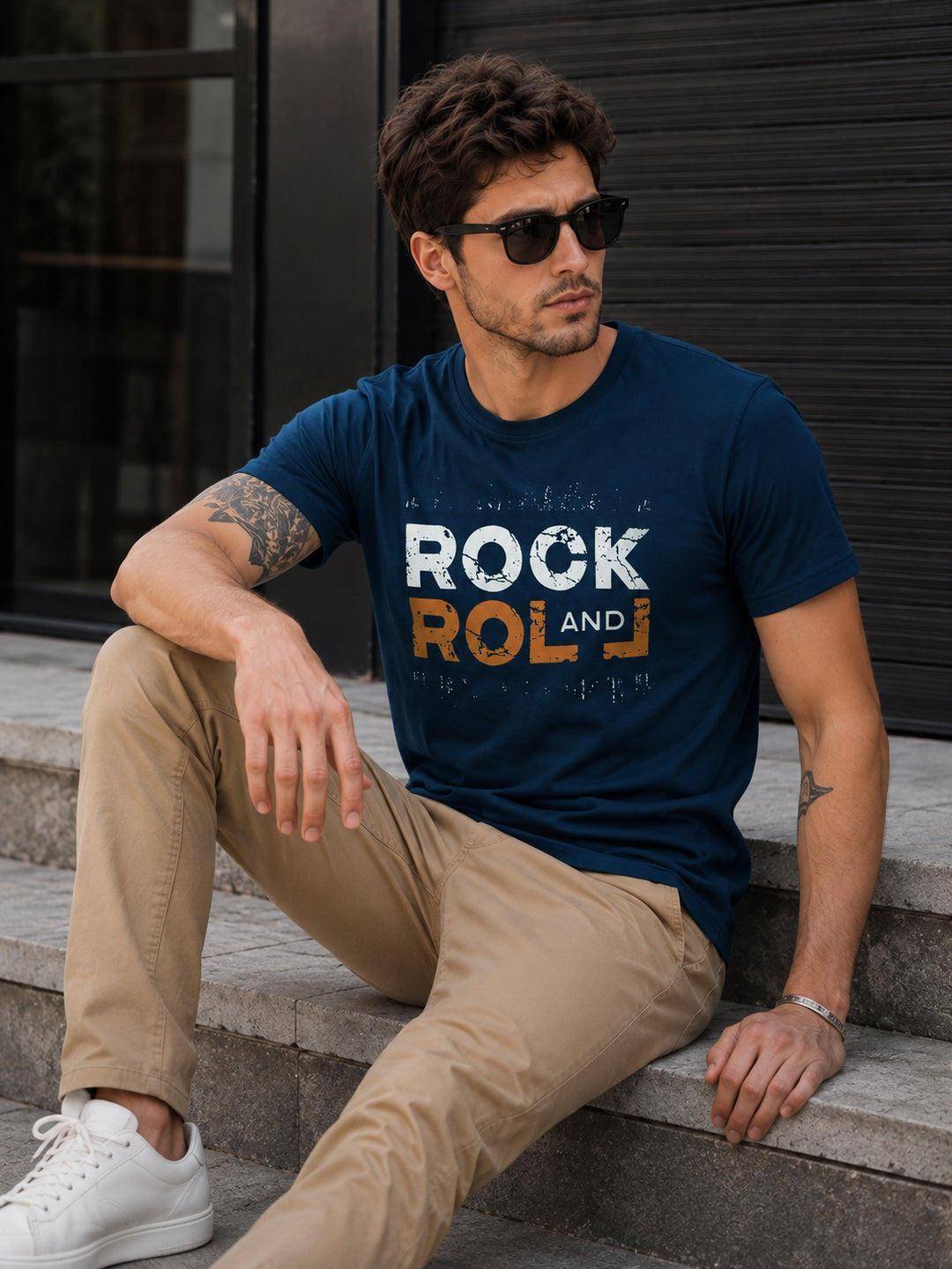 Rock &amp; Roll Navy Blue Classic Fit T-Shirt Graphic T-Shirts Bushirt