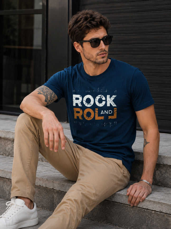 Rock &amp; Roll Navy Blue Classic Fit T-Shirt Graphic T-Shirts Bushirt