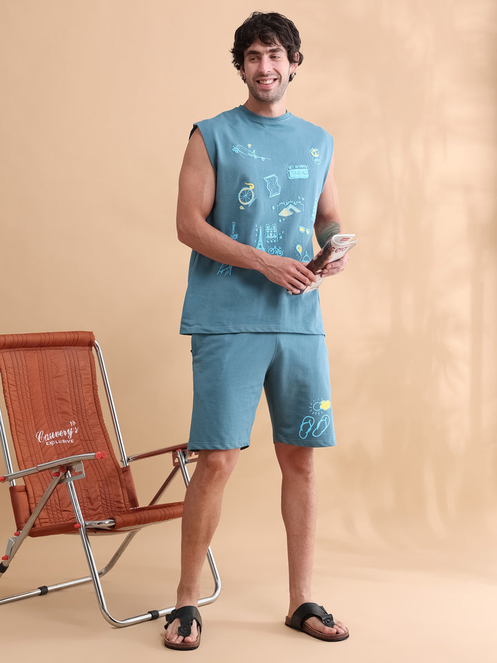 Stardust Blue Printed Oversized Sleeveless Co-Ords Oversize Co-ords Bushirt