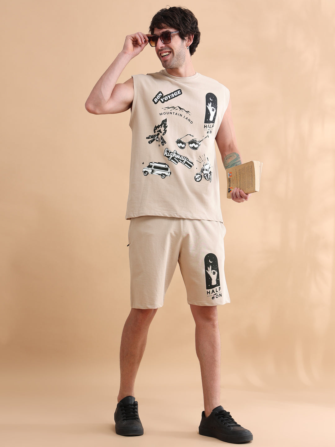 Beige Printed Oversized Sleeveless Co-Ords Oversize Co-ords Bushirt