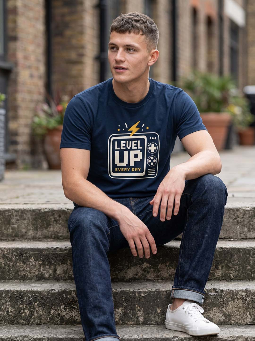 Level Up Navy Blue Classic Fit T-Shirt