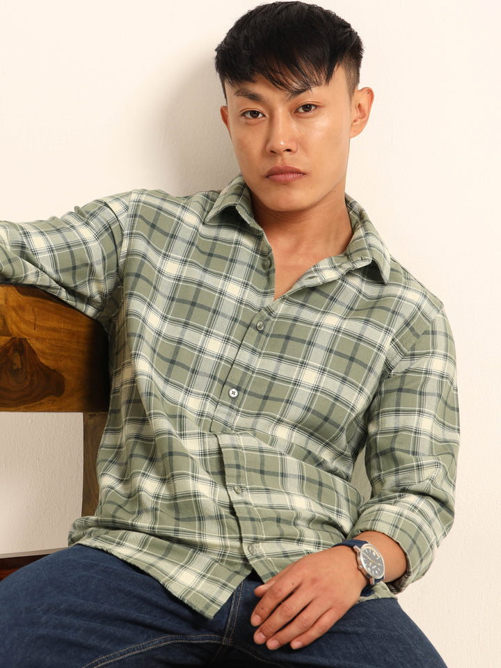 Sage Green Regular Fit Check Shirt Checks Shirt Bushirt