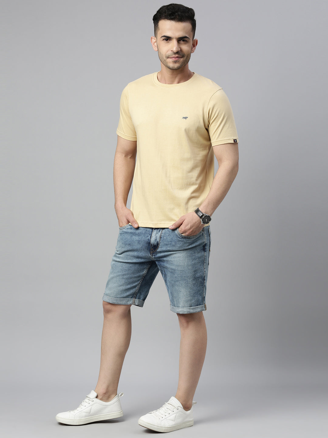 Beige Solid Half Sleeves T-Shirt Plain T-Shirts Bushirt   
